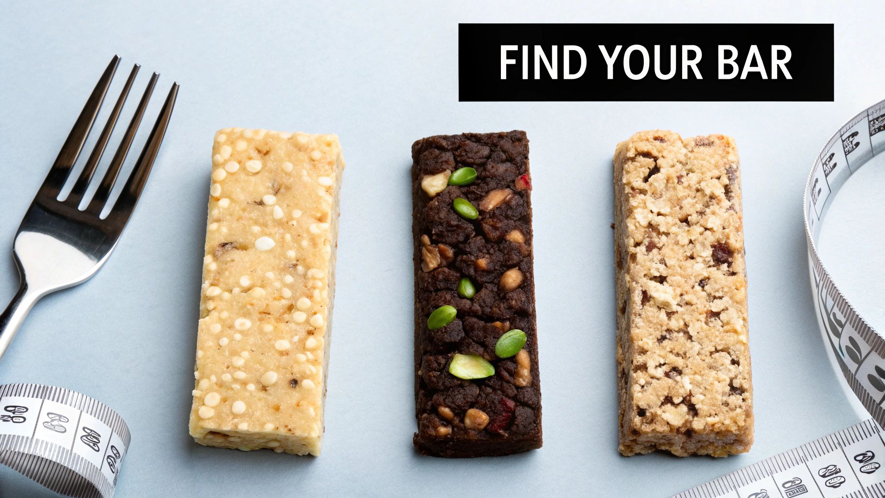 Three healthy snack bars of different types, displayed with a fork and measuring tape.