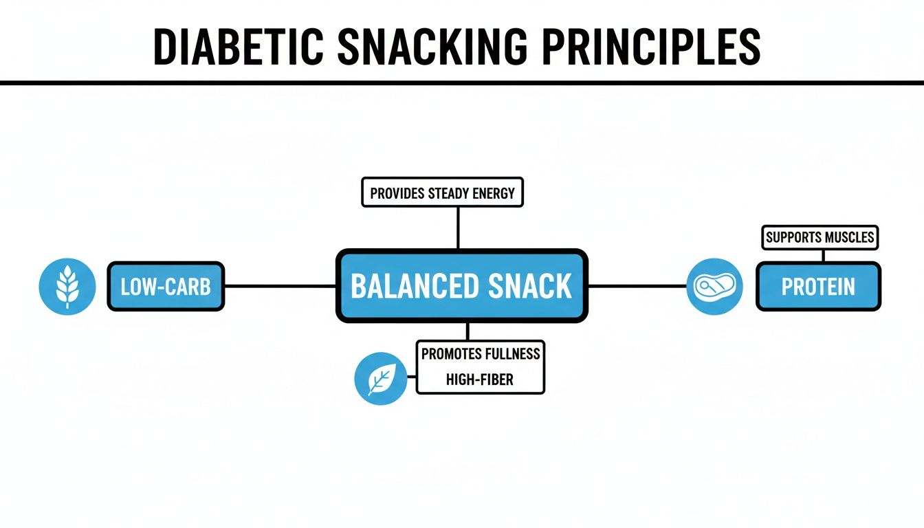 A diagram outlining diabetic snacking principles, focusing on balanced, low-carb, high-fiber, and protein-rich snacks.