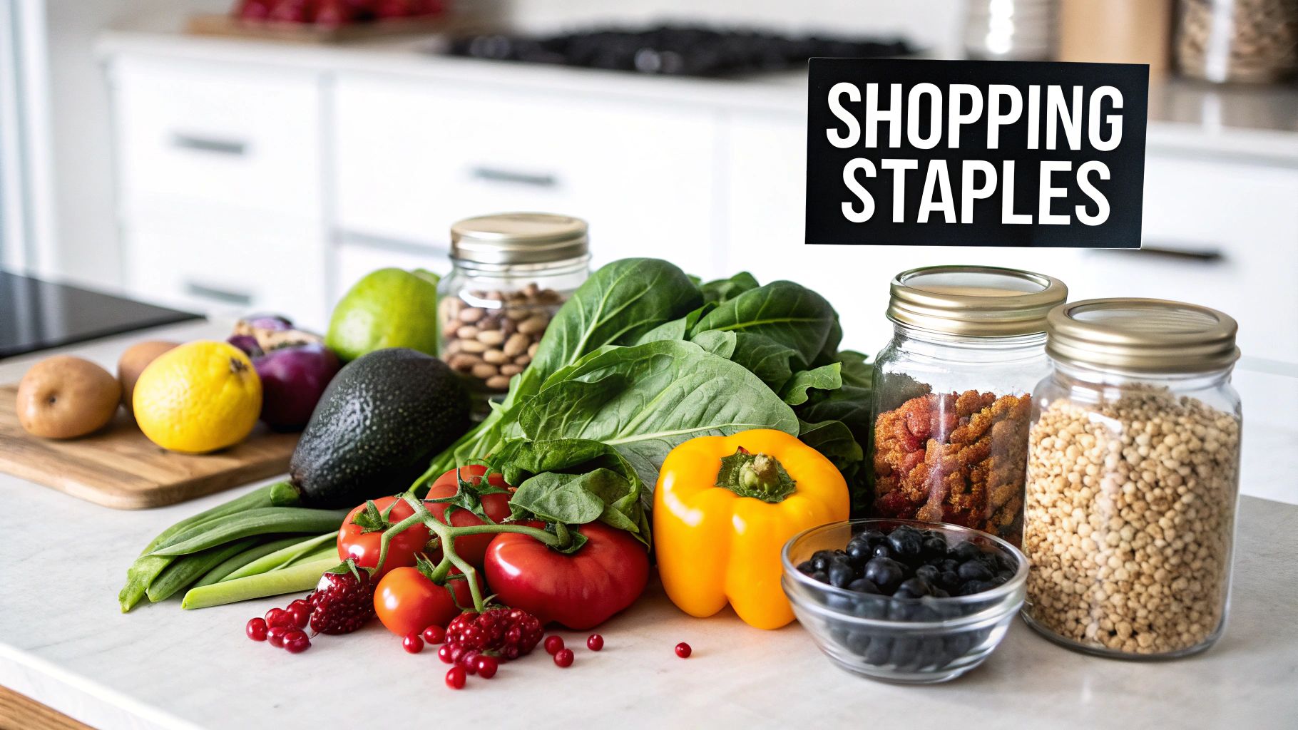 Fresh produce and pantry staples, including fruits, vegetables, nuts, and grains, on a kitchen counter.