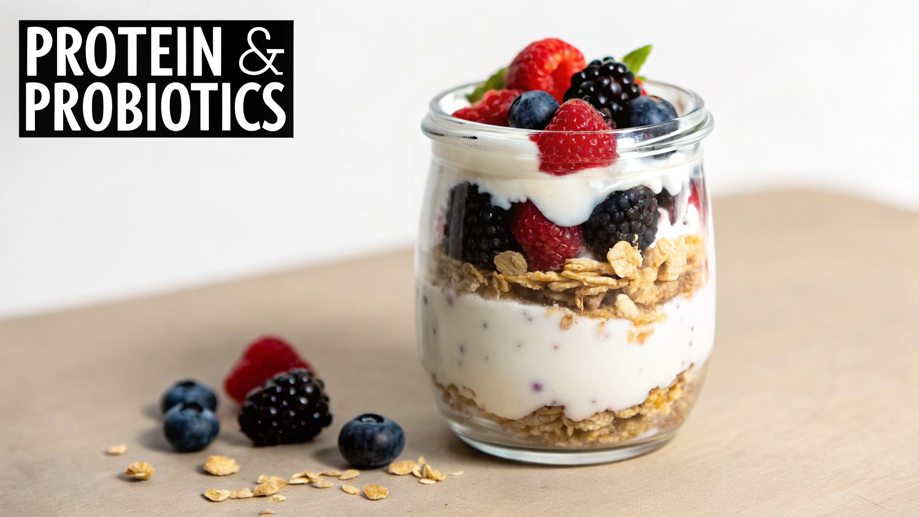 Healthy yogurt parfait with layers of berries, granola, and yogurt, providing protein and probiotics.