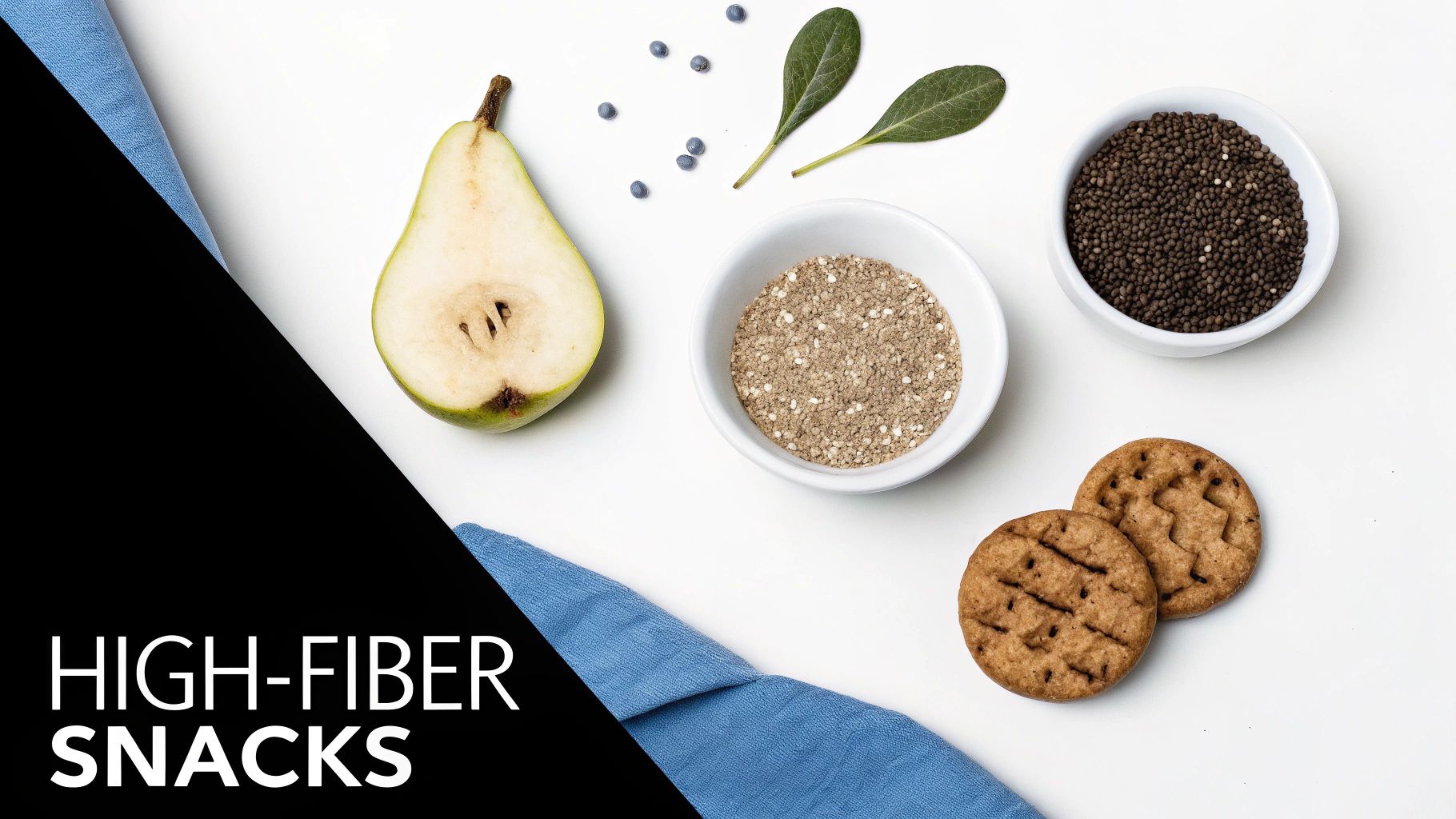 A flat lay of high-fiber snacks including a pear, seeds, grain mix, and cookies on a white background.