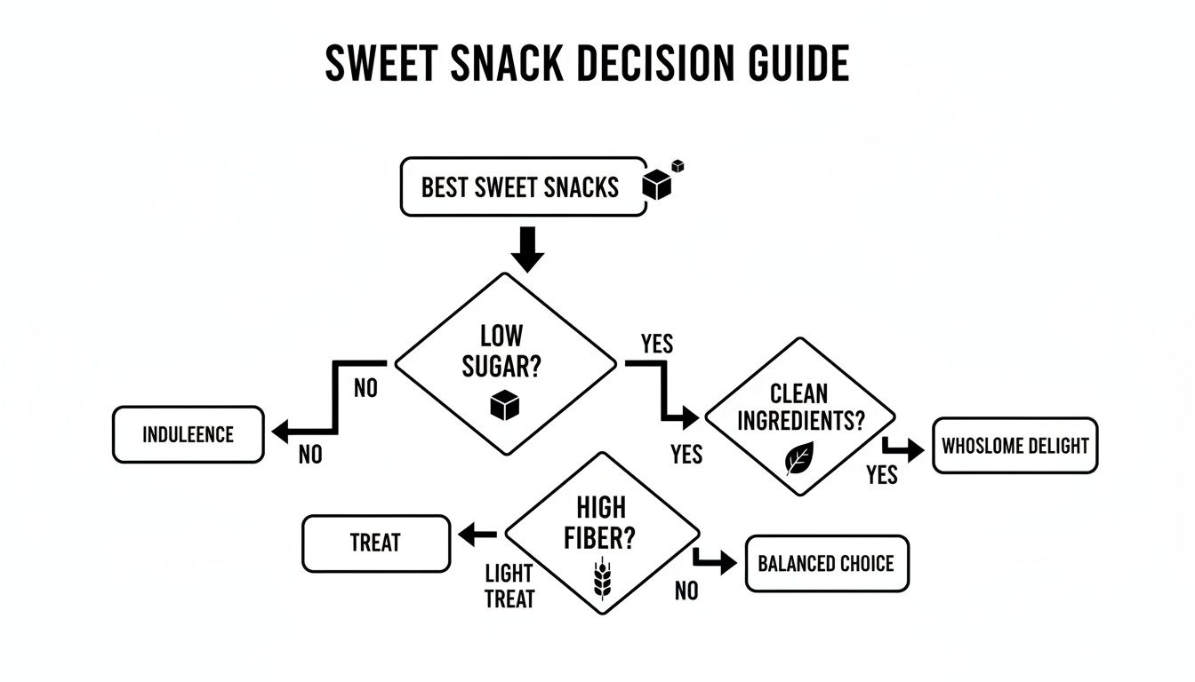 Flowchart guide for sweet snack decisions based on sugar, clean ingredients, and fiber content.
