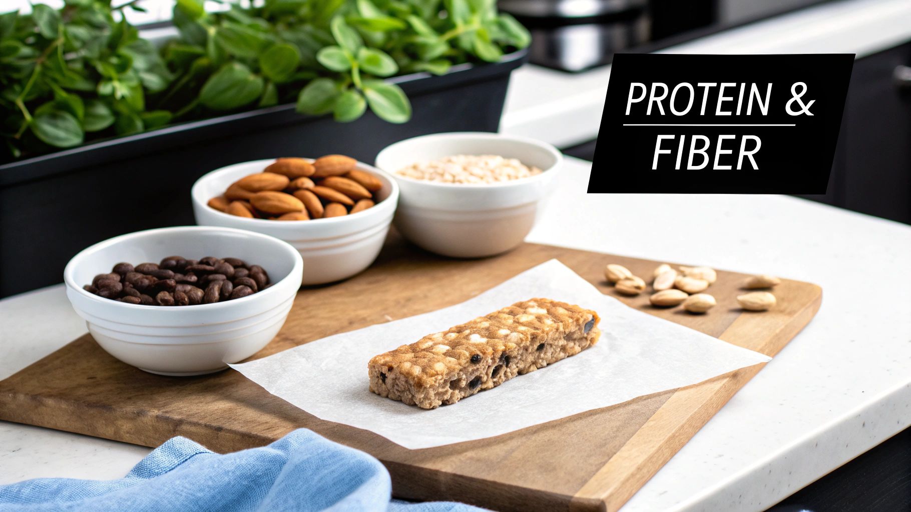 A healthy protein and fiber snack bar with almonds, oats, and coffee beans.