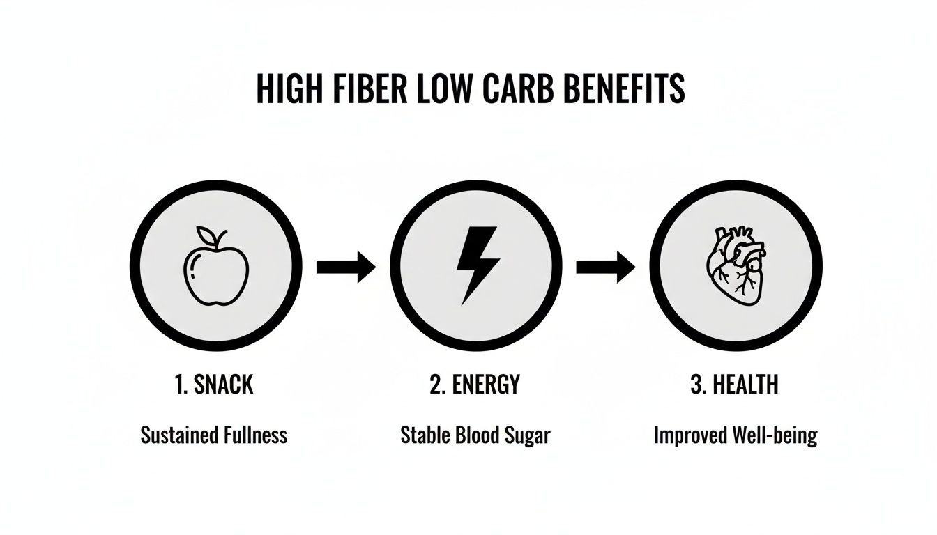 Diagram illustrating the benefits of high-fiber, low-carb diet: sustained fullness, stable blood sugar, and improved well-being.