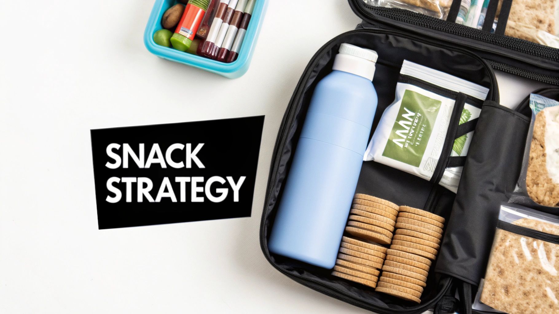 A flat lay shows a black lunch bag packed with various snacks, a water bottle, and a 'SNACK STRATEGY' text overlay.