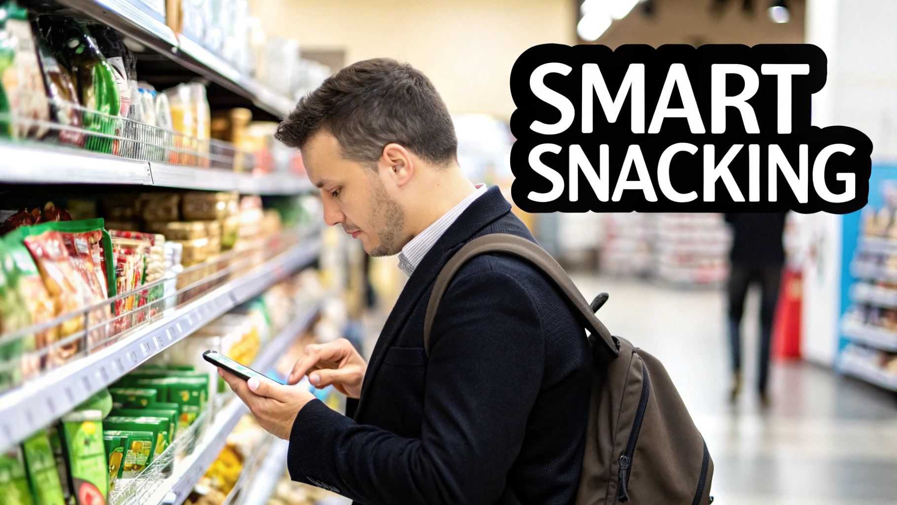 A man with a backpack uses his phone while shopping for snacks in a grocery store aisle.