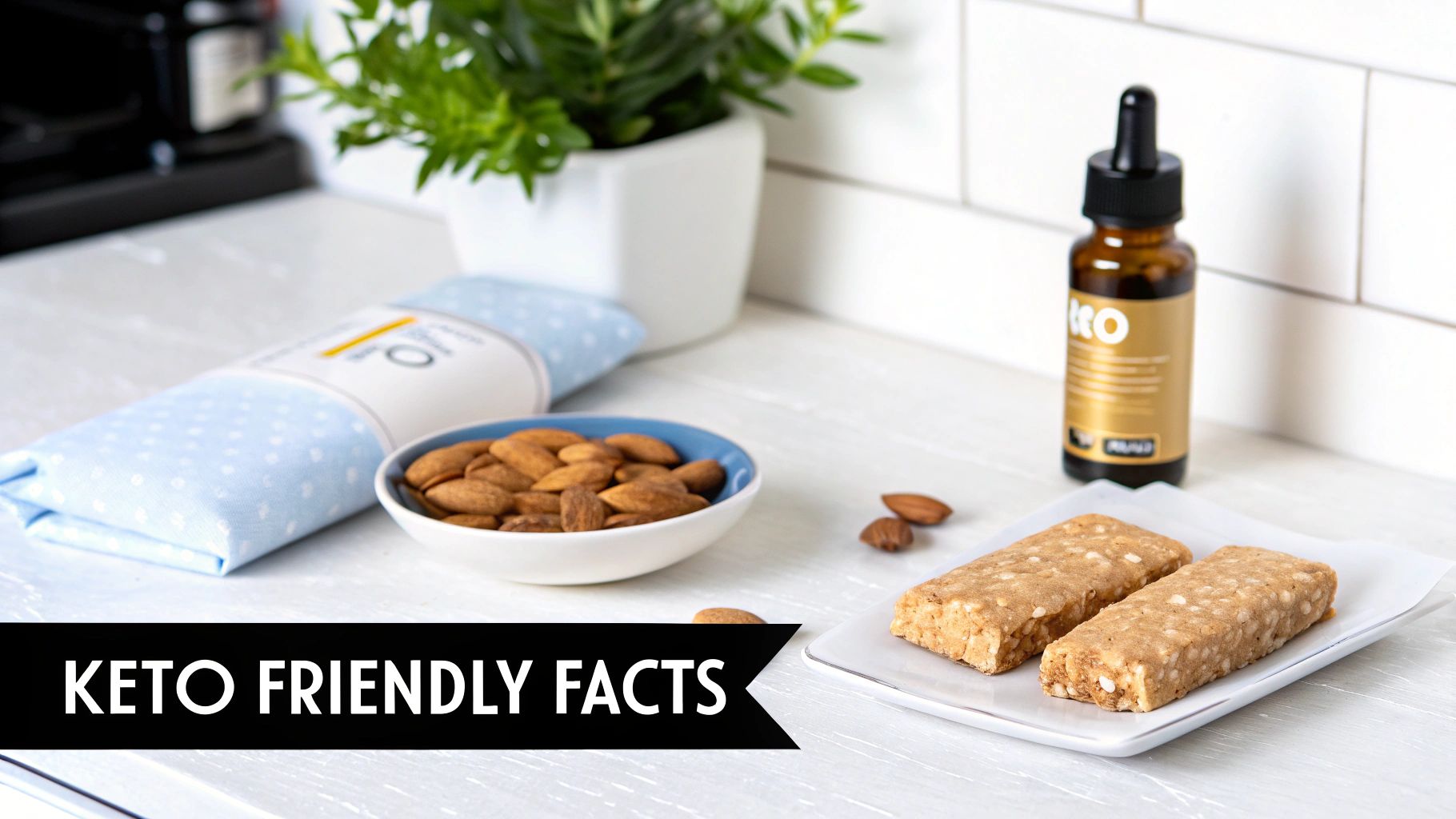 Keto-friendly snack bars, almonds, and a keto supplement bottle arranged on a white kitchen counter.
