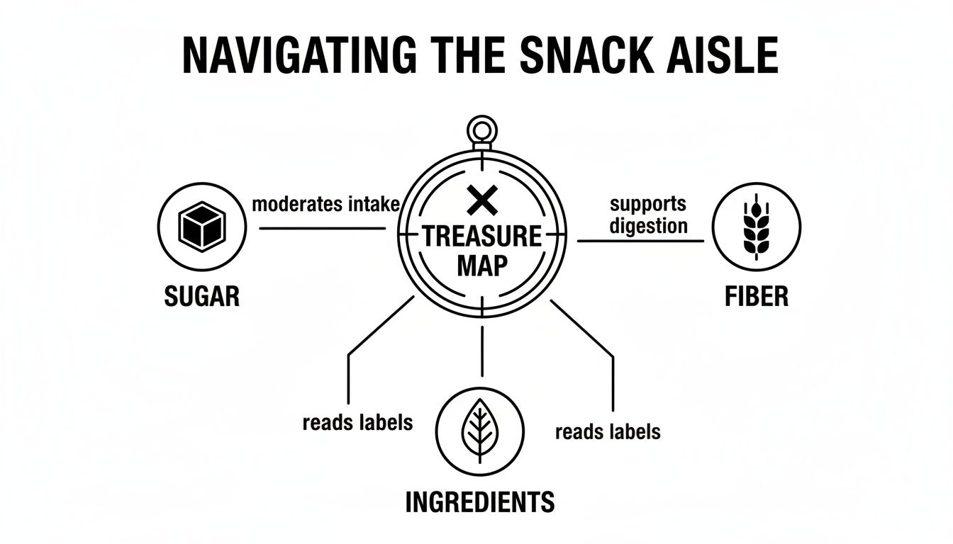 A guide for navigating the snack aisle: moderate sugar, support digestion with fiber, and read ingredient labels.