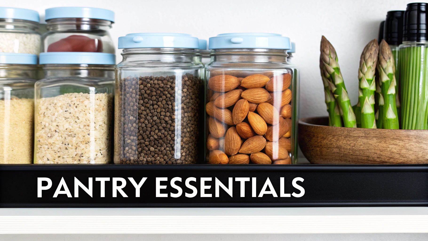 Glass jars filled with pantry essentials including rice, grains, almonds, and lentils, next to fresh asparagus.