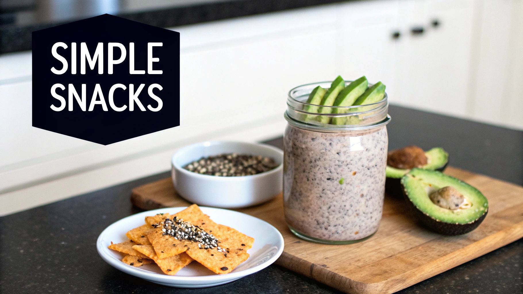 A spread of simple snacks including chia pudding with avocado, seasoned crackers, and fresh avocado halves.