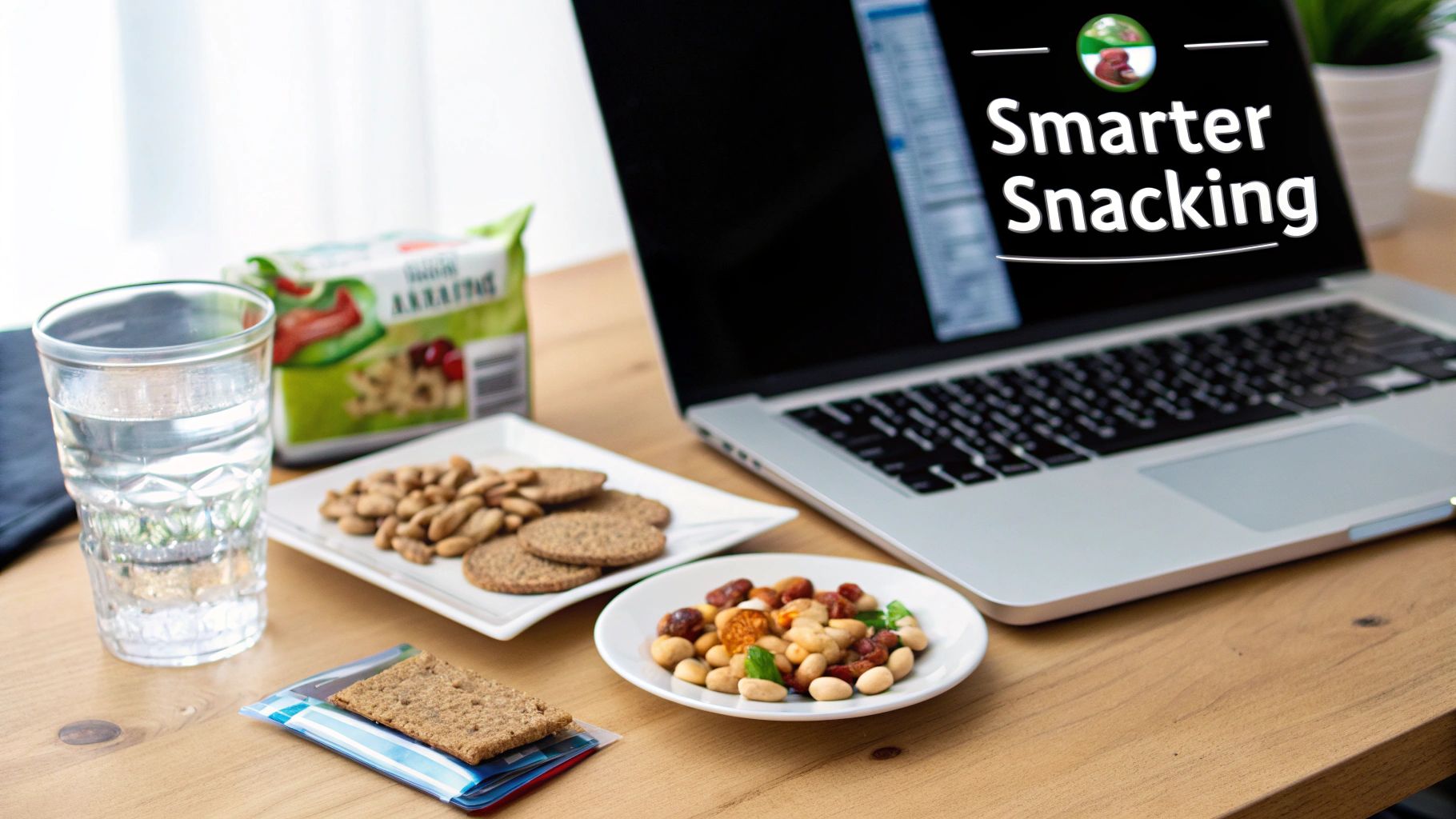 A desk with a laptop displaying 'Smarter Snacking,' a glass of water, and various healthy snacks.