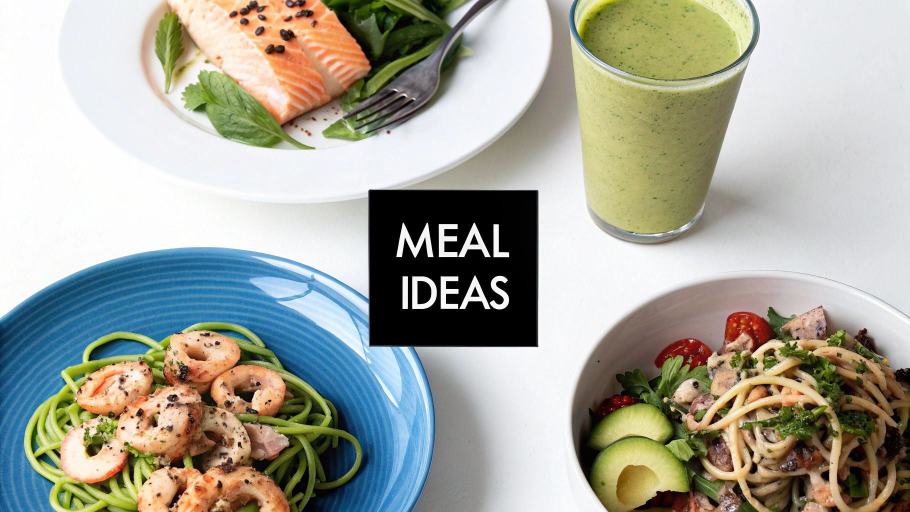 A top-down view of various healthy meal ideas including salmon, pasta with seafood, a salad, and a green smoothie.