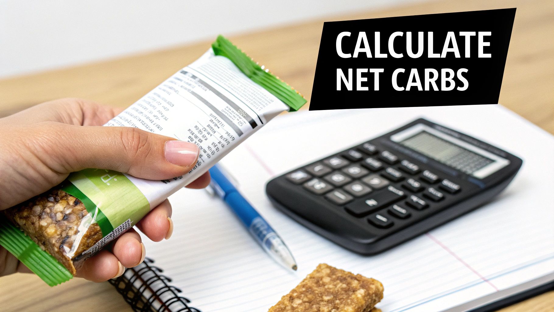 A person's hand holds a snack bar showing nutrition facts, with a calculator and notebook. Text says 'CALCULATE NET CARBS'.