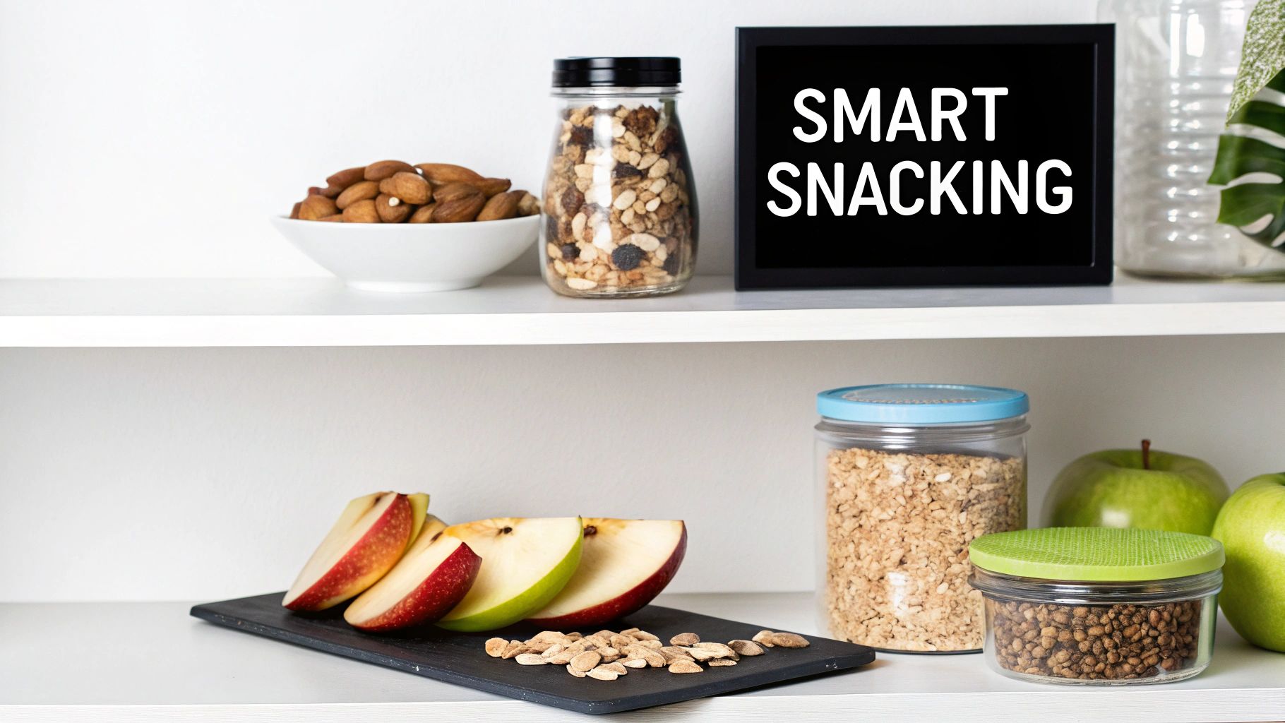 Various healthy snacks like almonds, trail mix, apples, and seeds on white shelves with a 'SMART SNACKING' sign.