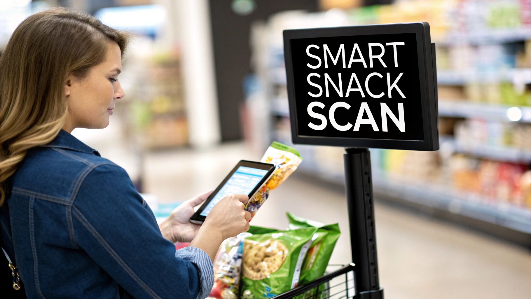 A woman uses her smartphone to scan a snack bag at a smart scan station in a store.