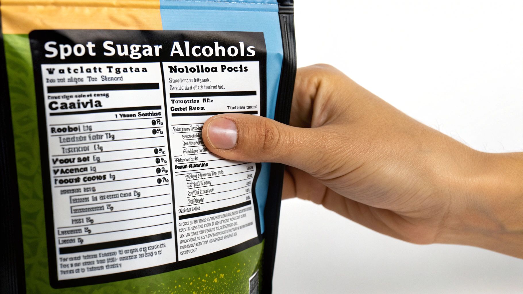 A hand holds a food package, prominently displaying a nutrition label with "Spot Sugar Alcohols" visible.