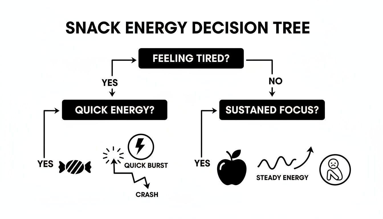 A snack energy decision tree guiding choices for quick burst or steady energy based on fatigue.
