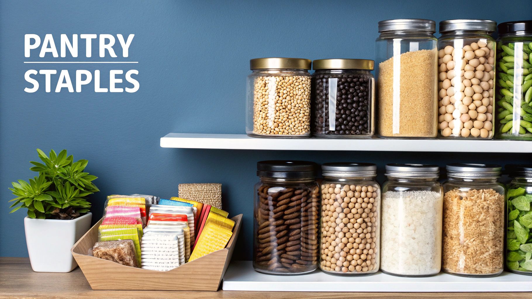 Pantry Staples text on a blue wall with shelves of organized food jars and a plant.