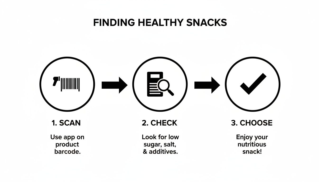 A three-step infographic showing how to find healthy snacks: scan, check ingredients, then choose.
