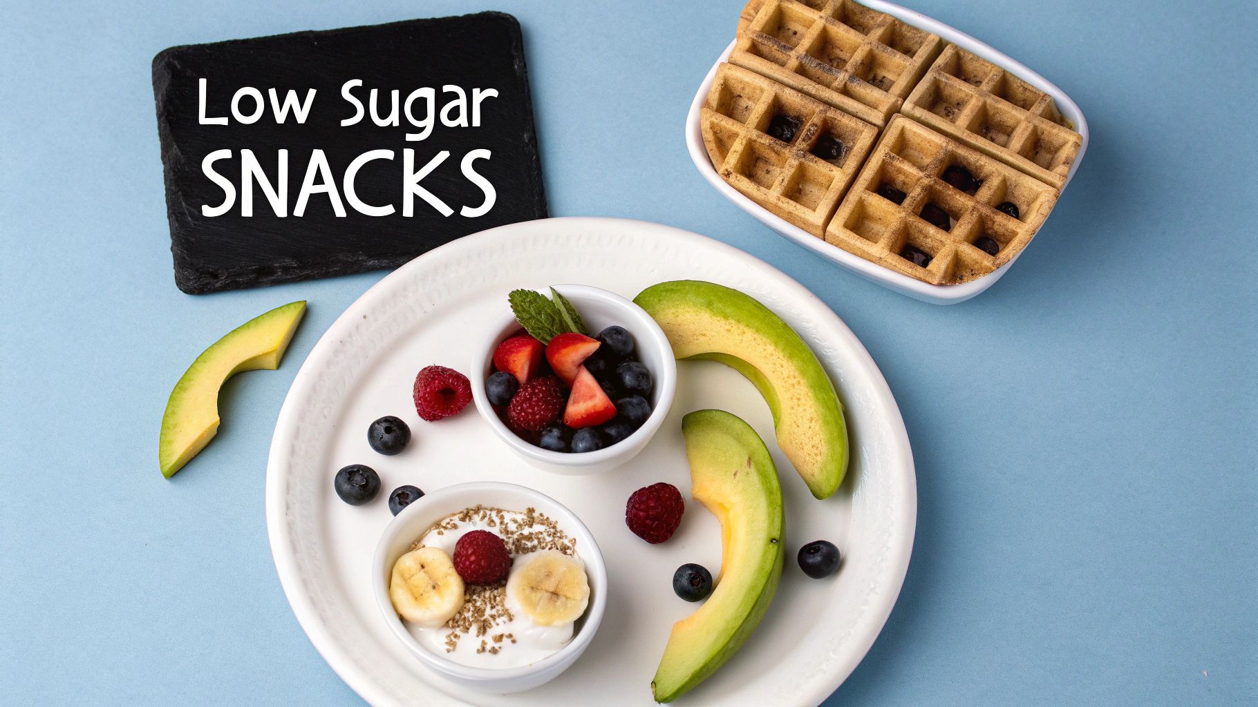 A flat lay shows various low sugar snacks including berries, avocado, yogurt with banana, and waffles.