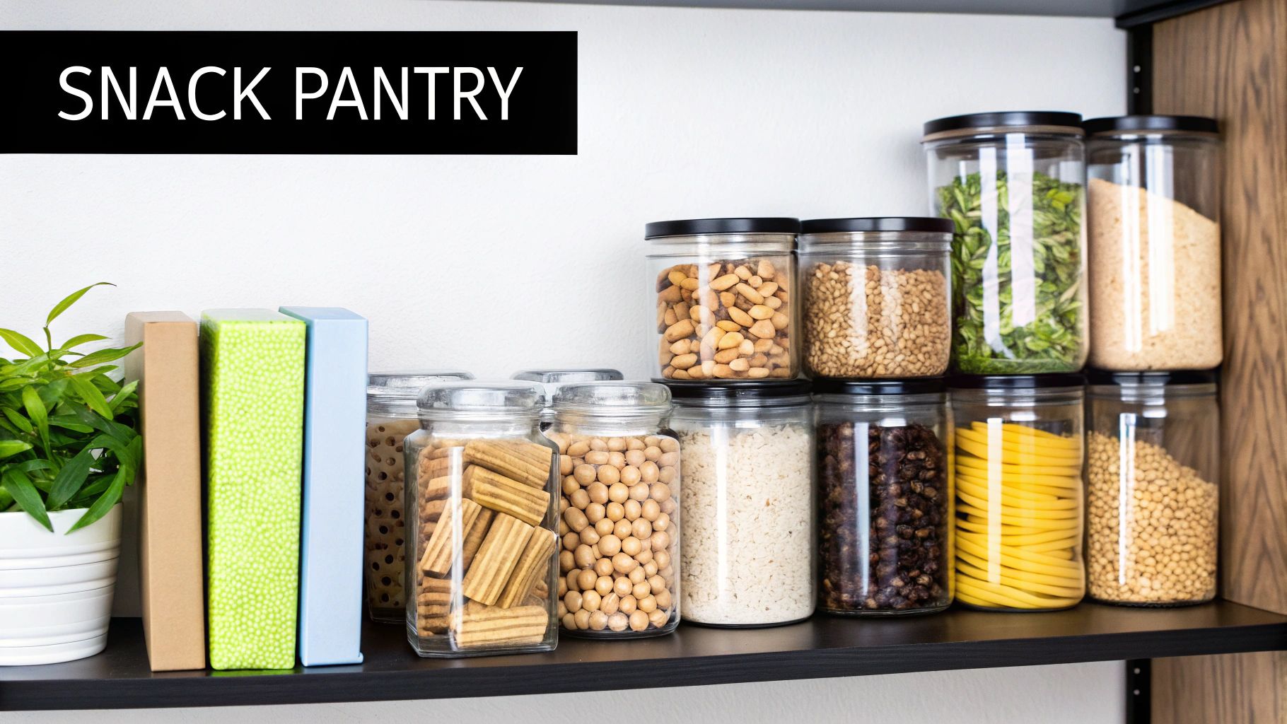 An organized snack pantry featuring clear jars filled with various nuts, grains, and dried foods on shelves.