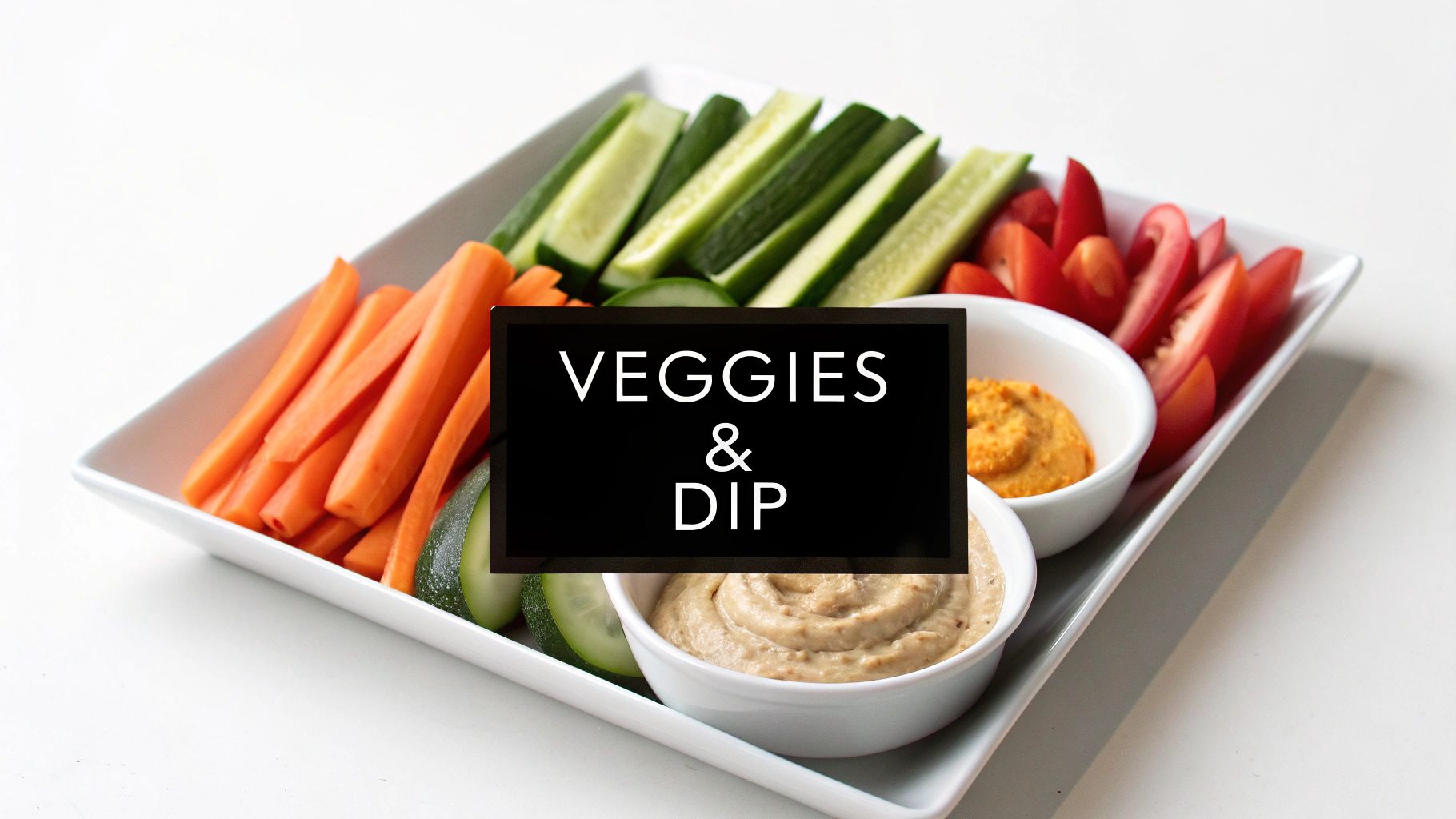 A white platter with carrot sticks, cucumber slices, tomato wedges, and two bowls of healthy dips, labeled 'VEGGIES & DIP'.