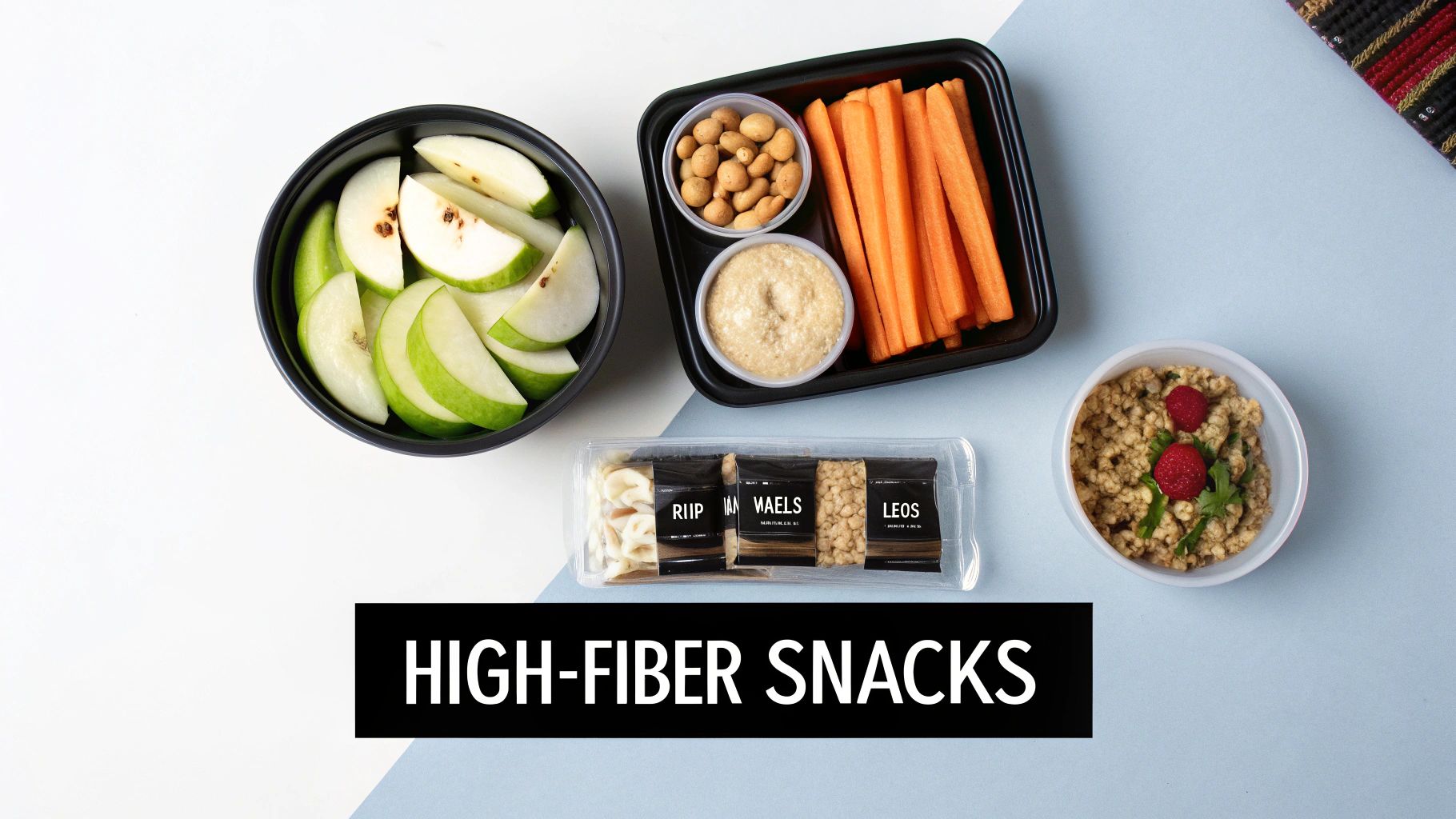 A top-down view of several high-fiber snacks including apples, carrots, hummus, nuts, and a berry-topped grain.