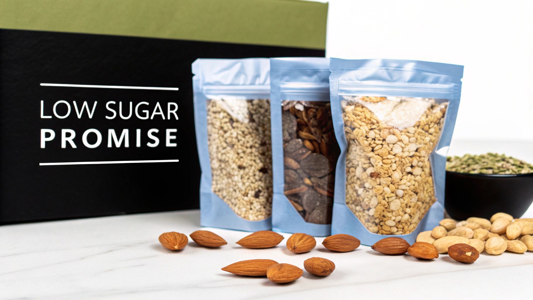 Assortment of low sugar snacks including granola, nuts, and seeds in pouches and loose.