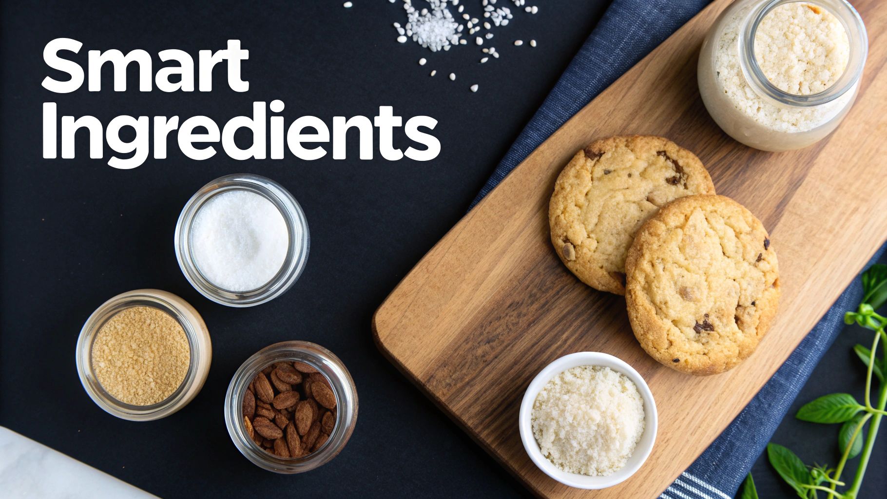 Overhead view of baking ingredients, two cookies, and the text 'Smart Ingredients' on a dark surface.