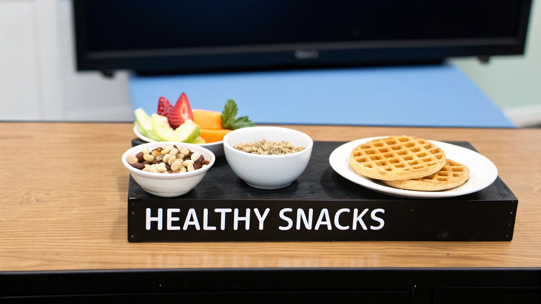 A display of healthy snacks featuring a bowl of trail mix, granola, waffles, and fresh fruit.
