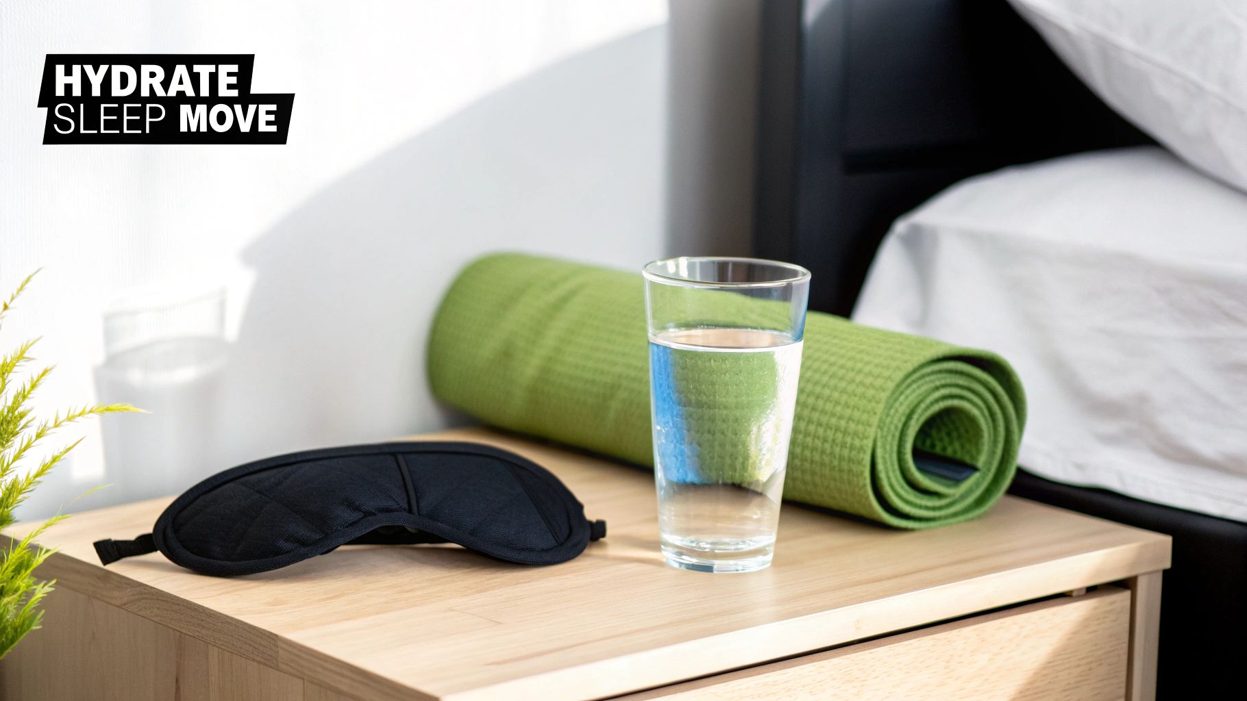 A black sleep mask, glass of water, and green yoga mat on a bedside table, promoting healthy habits.
