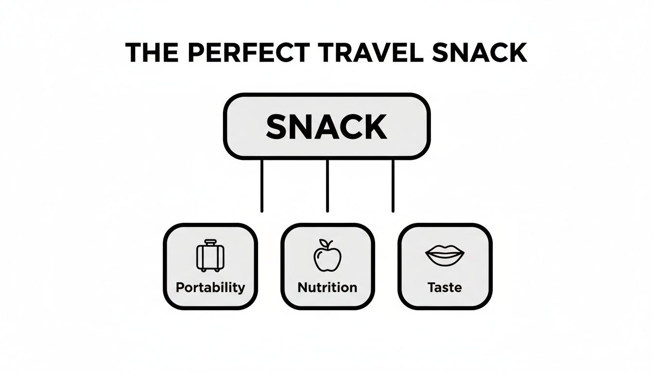 Diagram showing the perfect travel snack defined by portability, nutrition, and taste with icons.