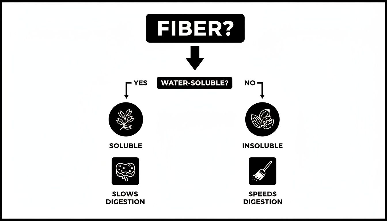 A clear infographic illustrating soluble and insoluble fiber, their water solubility, and impact on digestion.
