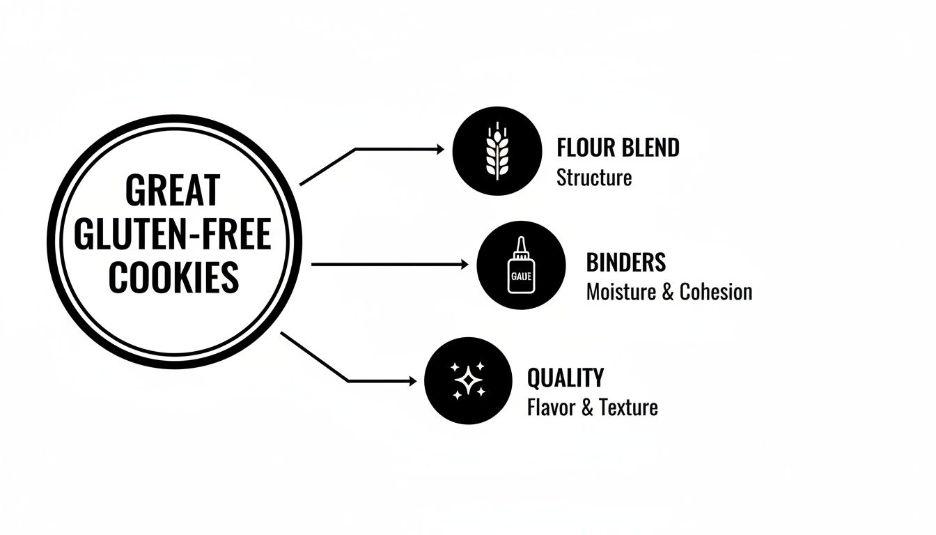 Diagram outlining the three essential factors for great gluten-free cookies: flour blend, binders, and quality.