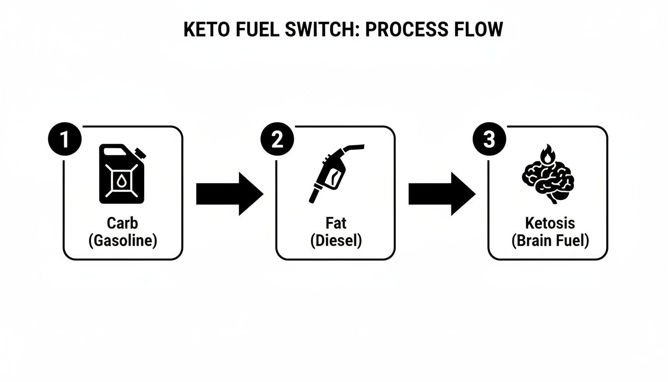 Diagram illustrating the keto fuel switch process, transitioning from carbs (gasoline) to fat (diesel) for ketosis (brain fuel).
