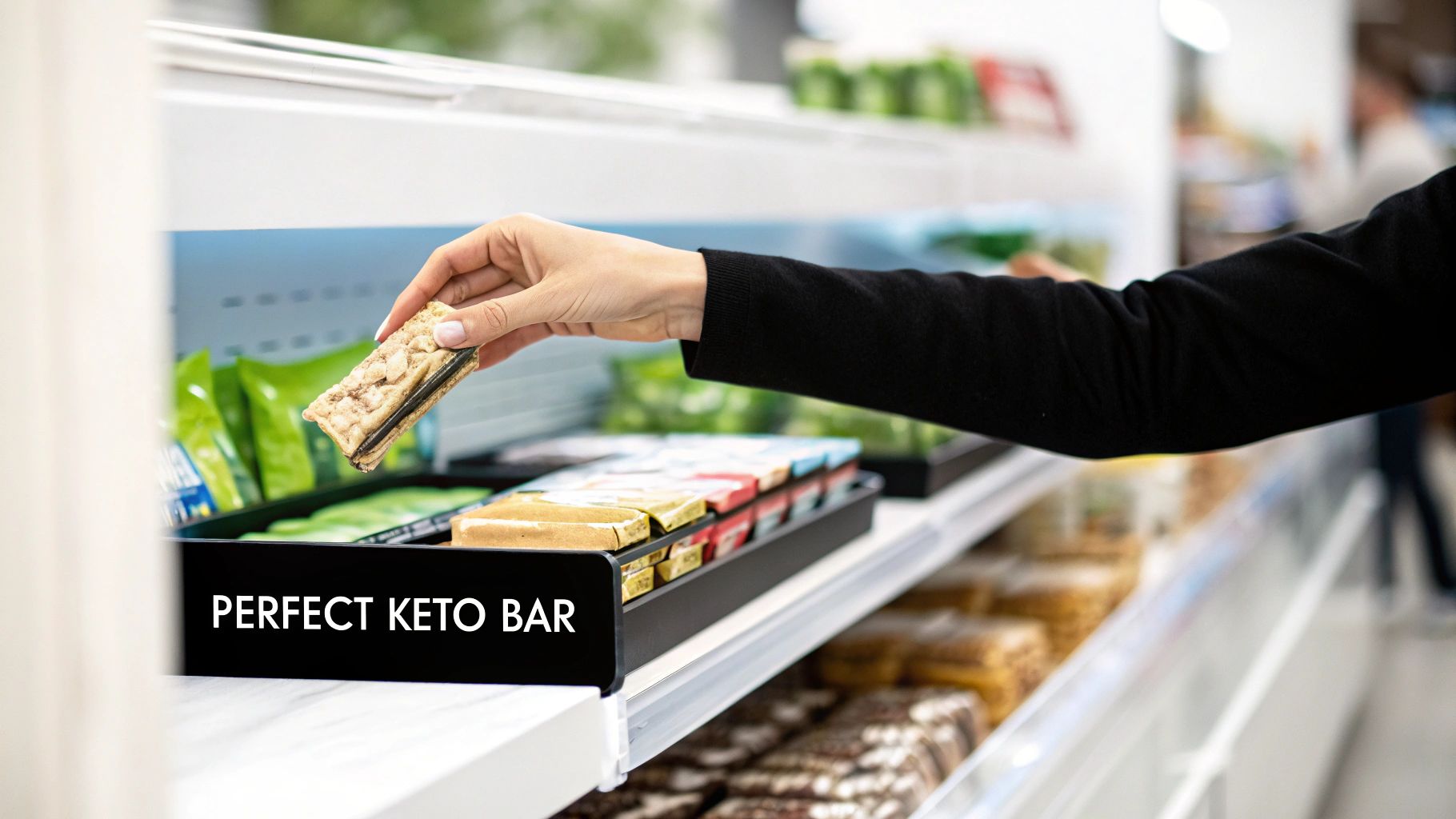 A person's hand picks up a Perfect Keto Bar from a shelf in a brightly lit store.