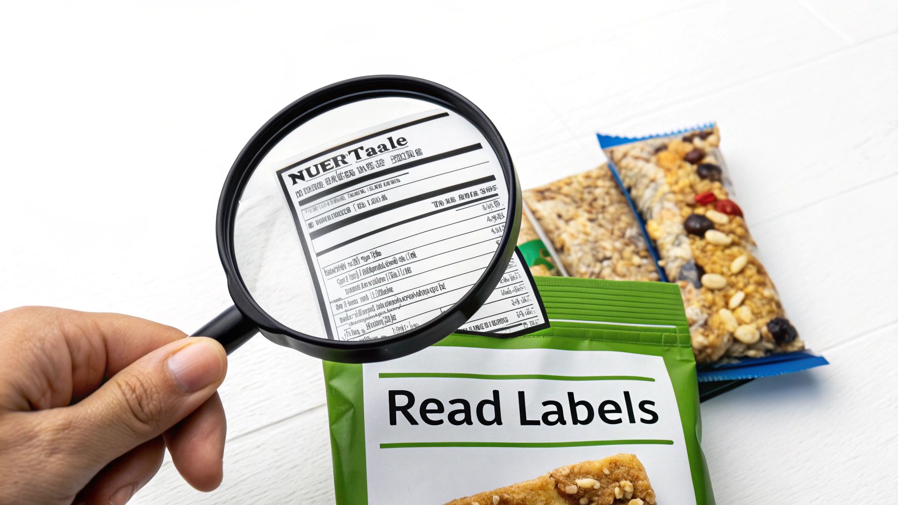 A hand holding a magnifying glass to read a nutrition label on a healthy snack bar package.