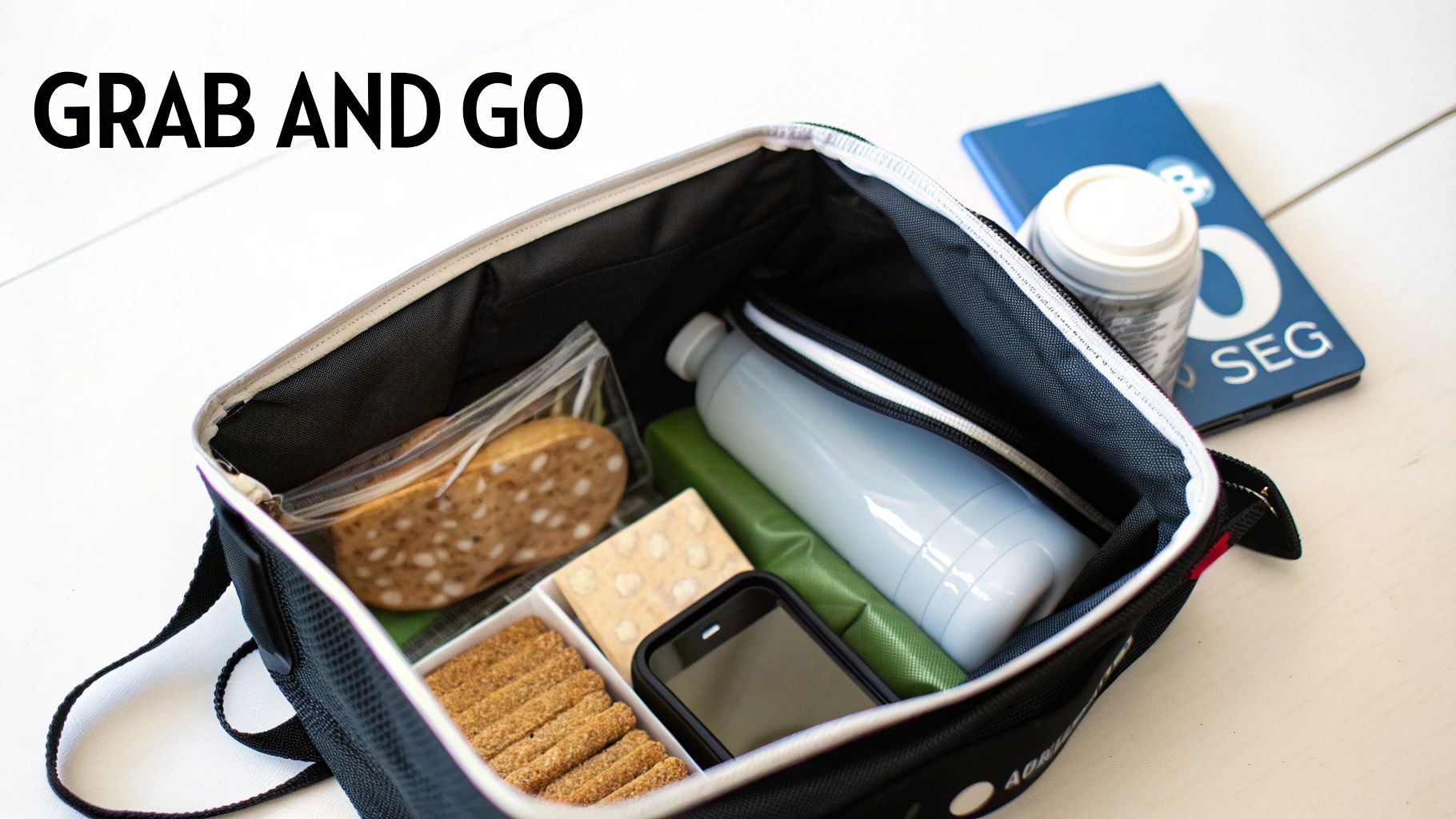 An open black grab and go bag filled with low-sugar snacks, water bottle, and smartphone.