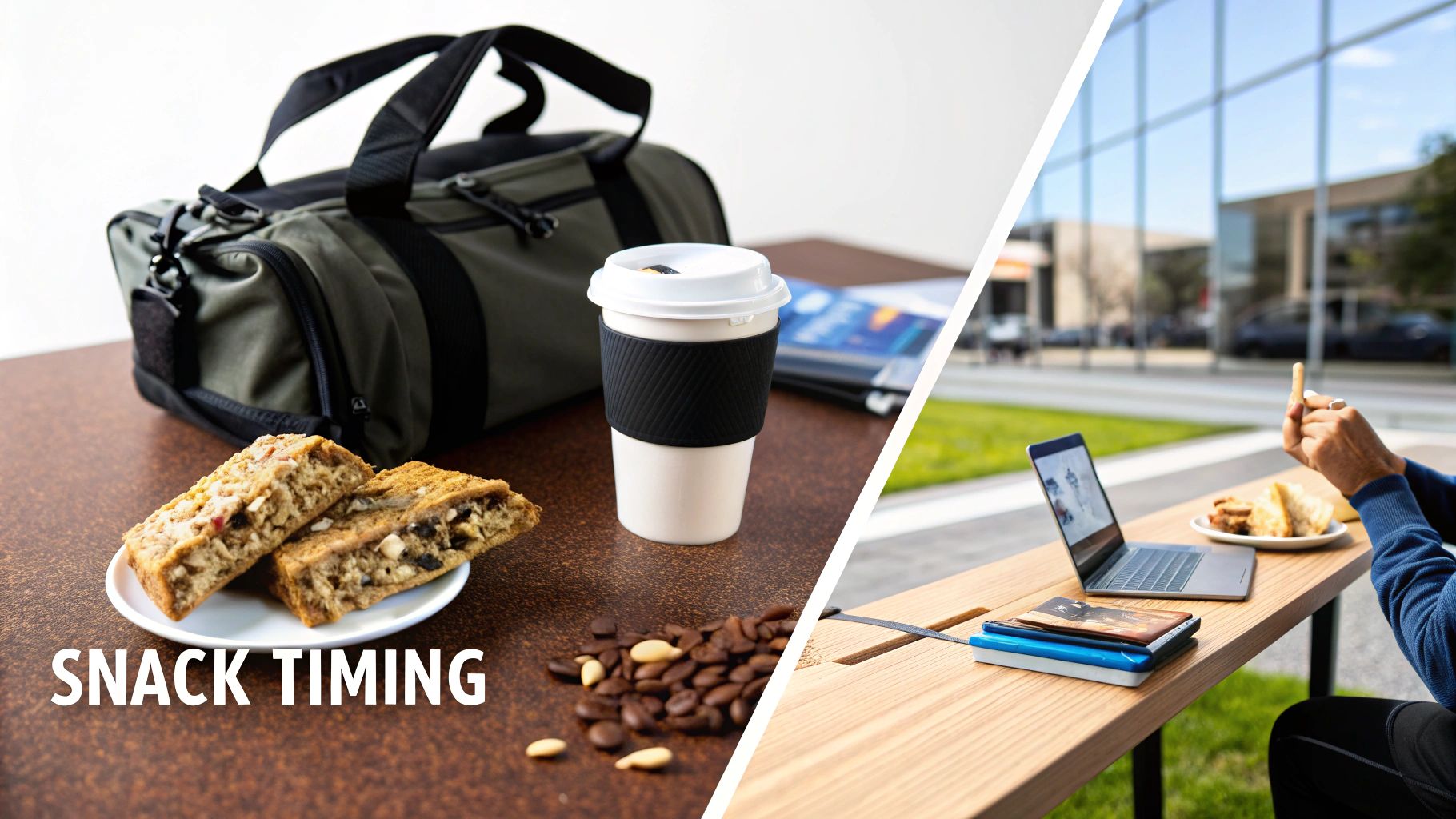 Nutritious high-fiber snack bars and coffee with a gym bag, and a person snacking while working outdoors.
