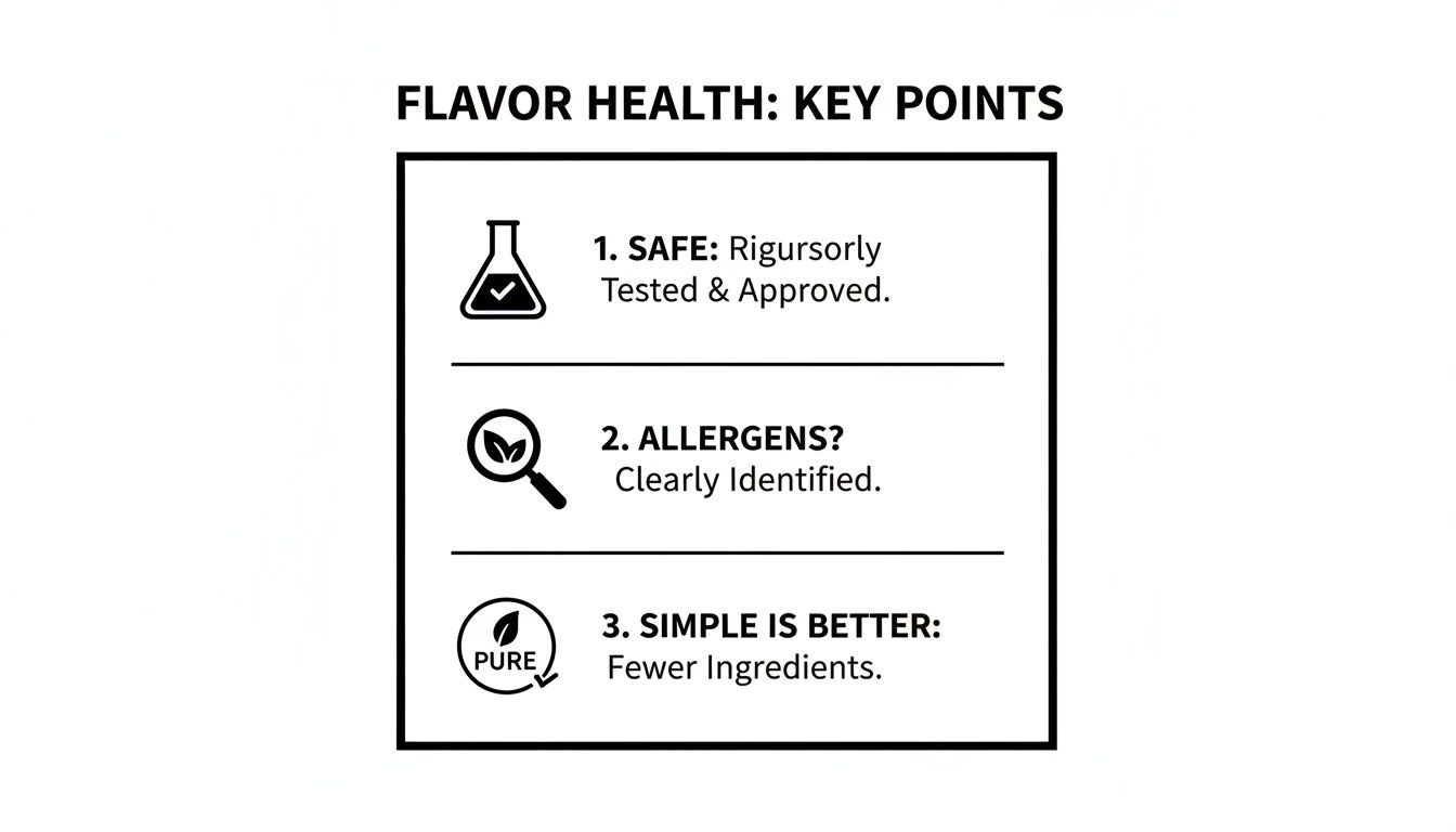 An infographic titled 'Flavor Health: Key Points' detailing safety, allergen identification, and fewer ingredients.