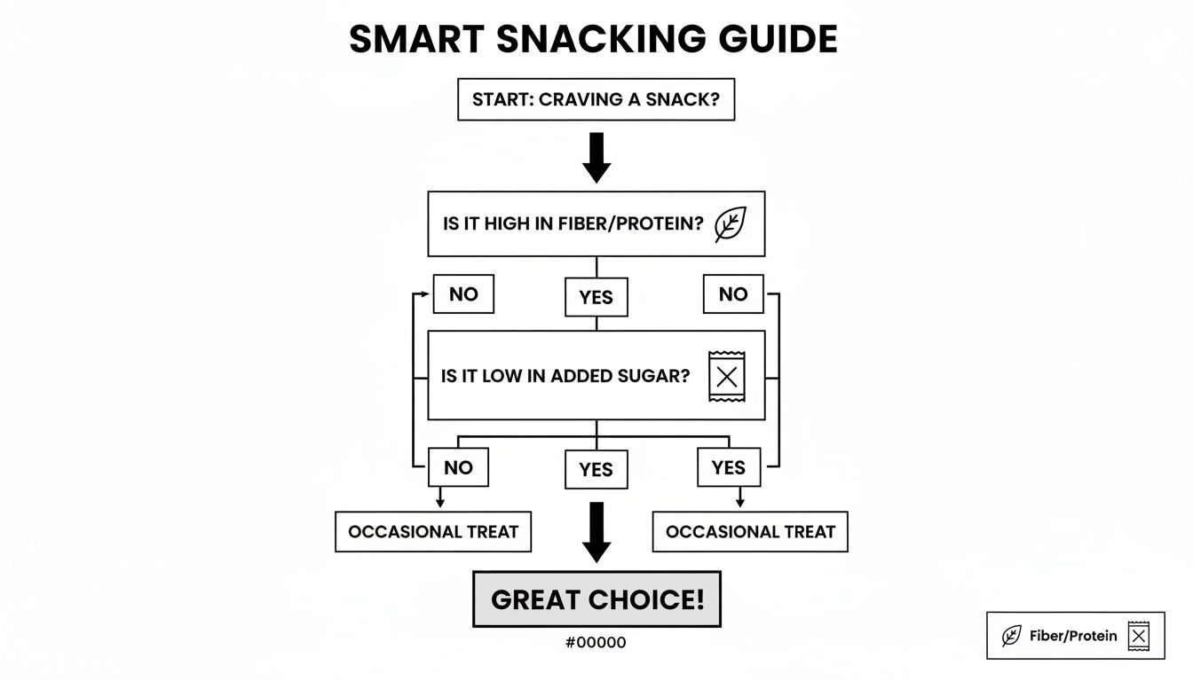 A flowchart guiding smart snacking decisions based on high fiber, protein, and low added sugar content.