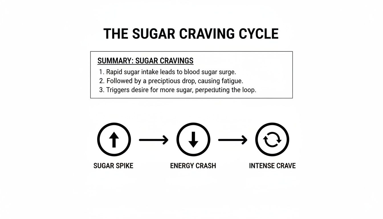 Diagram illustrating the sugar craving cycle with a sugar spike, energy crash, and intense crave.