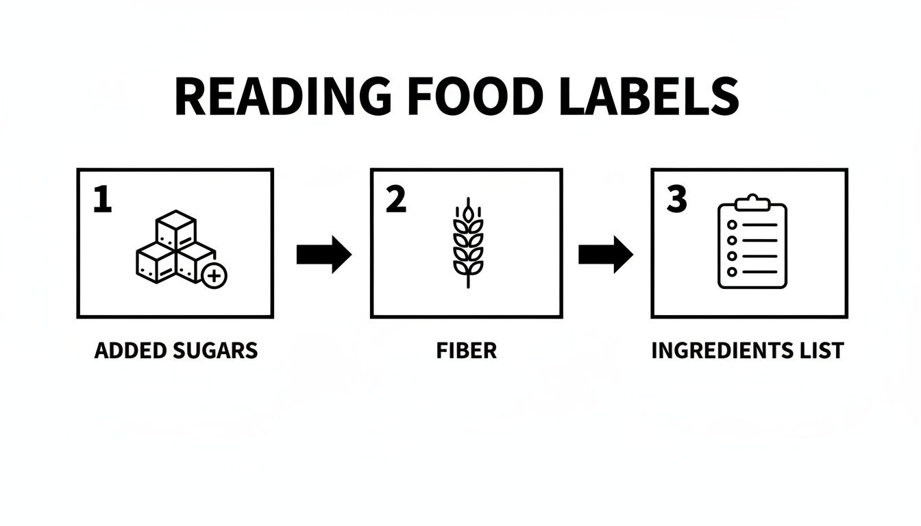 An infographic illustrating how to read food labels, focusing on added sugars, fiber, and the ingredients list.