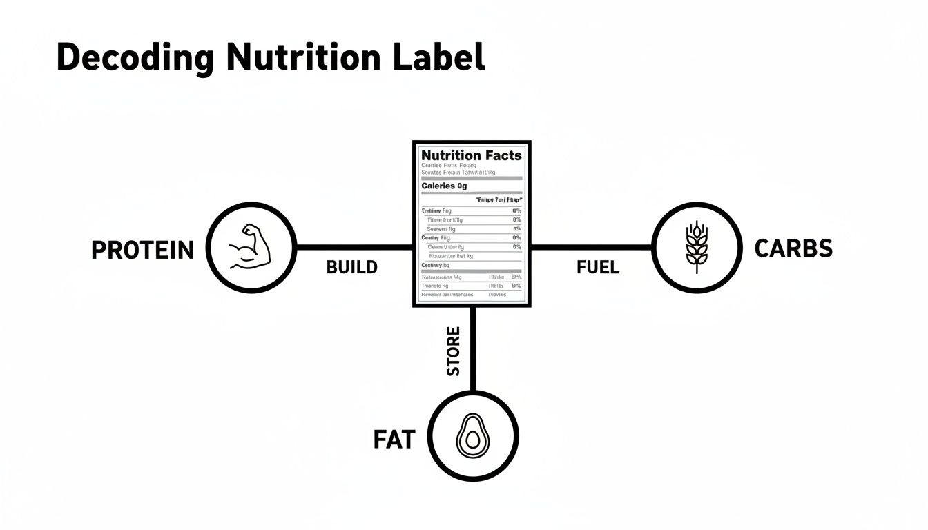 Infographic decoding a nutrition label, showing protein for building, carbs for fuel, and fat for storage.