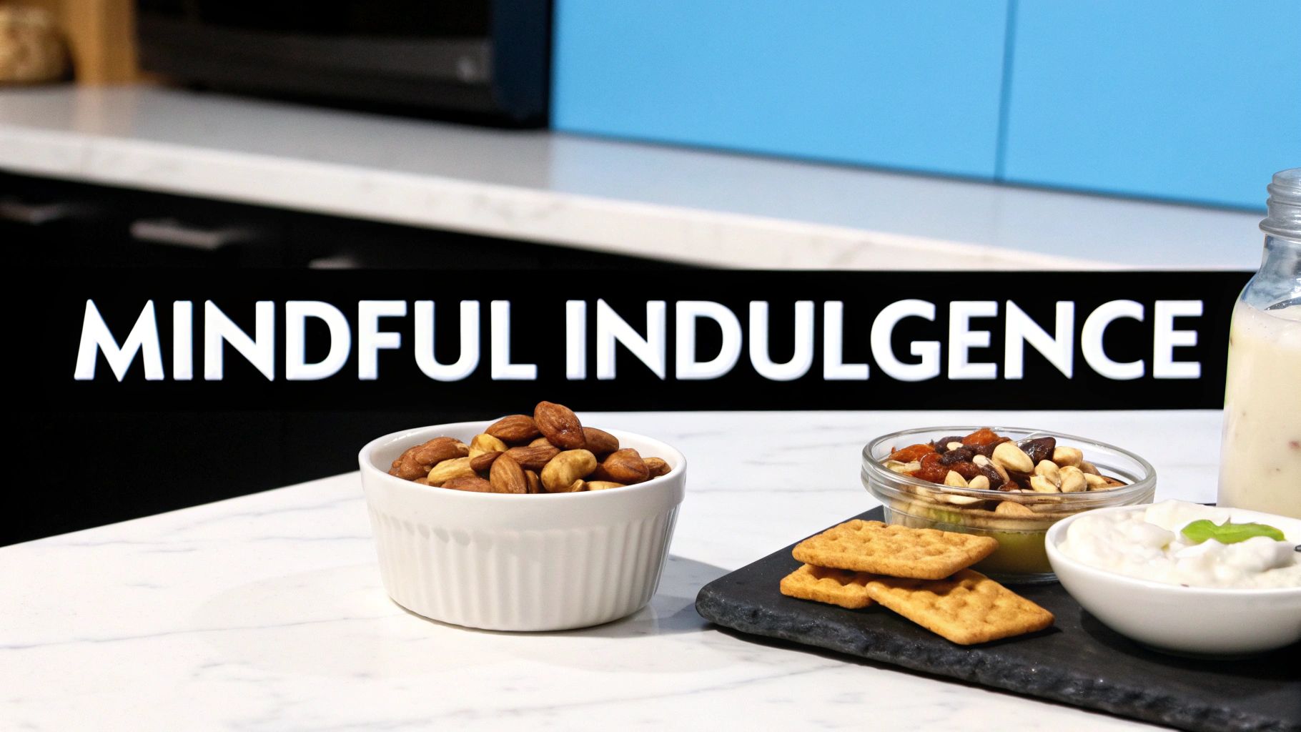Healthy snacks like almonds, trail mix, crackers, and dip arranged on a table with 'MINDFUL INDULGENCE' text.