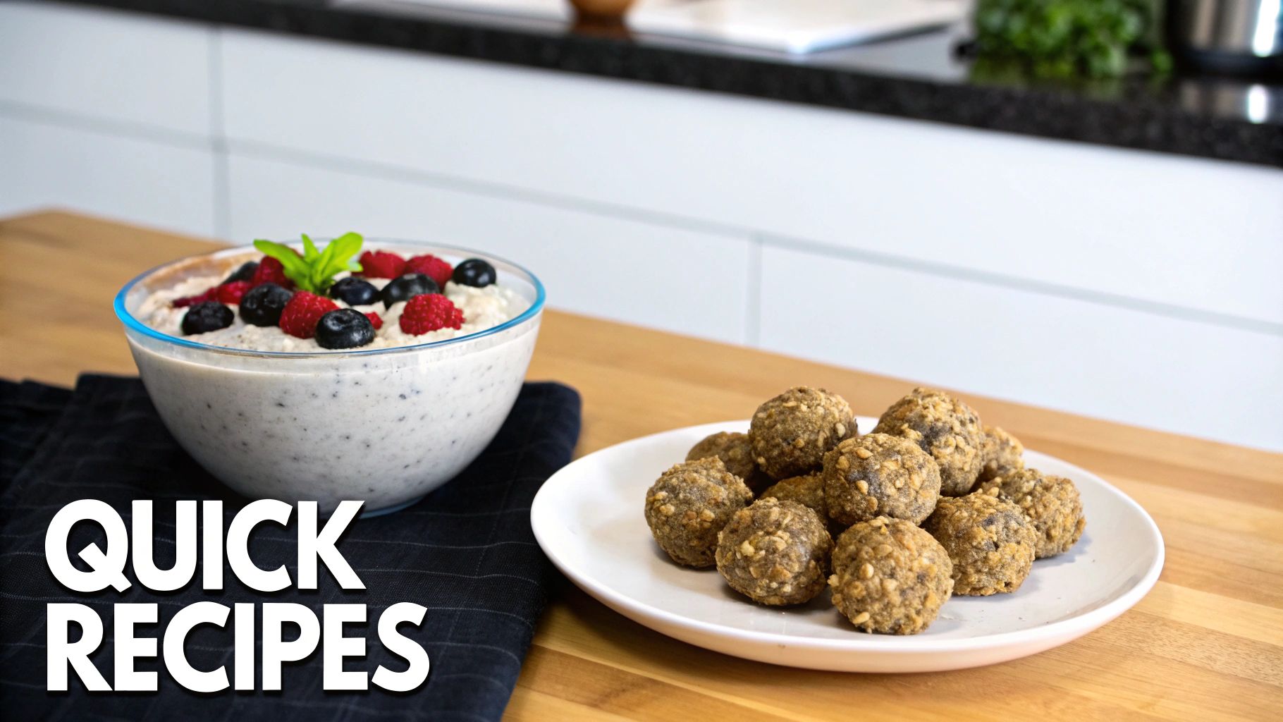 A bowl of creamy berry oatmeal with mint next to a plate of healthy energy balls.