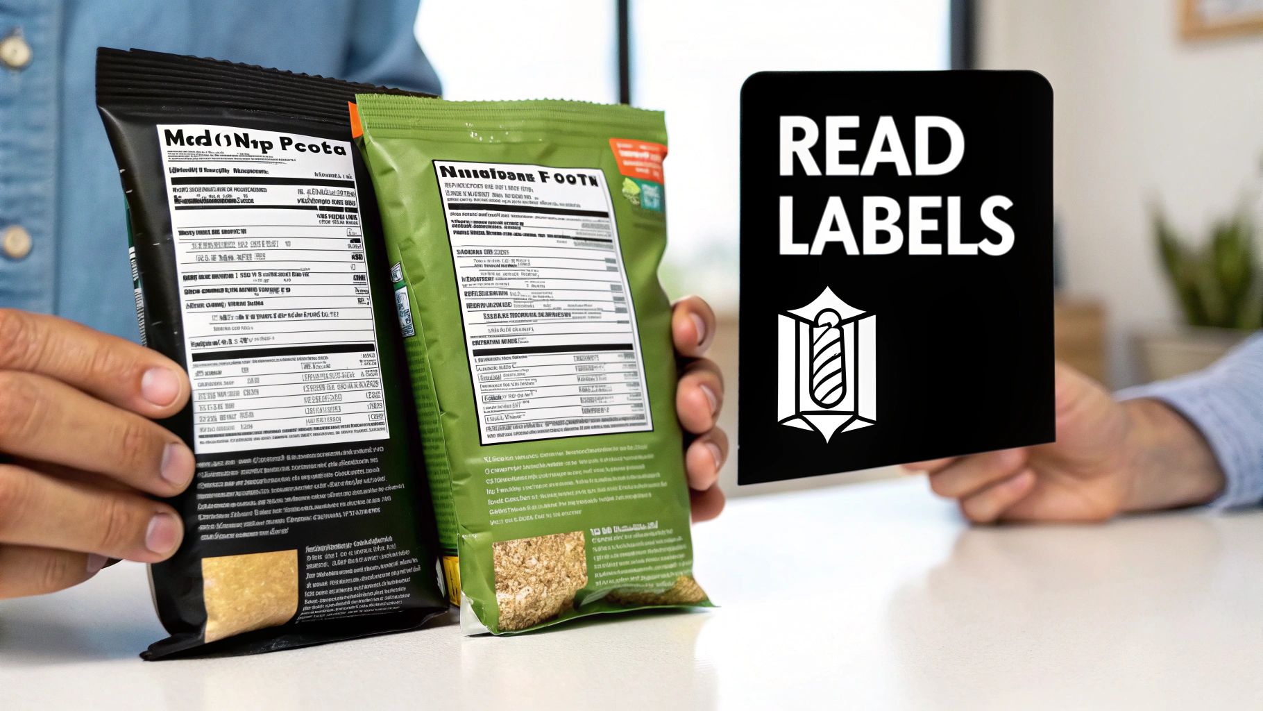Hands hold two food pouches displaying nutrition facts, with a sign encouraging to read labels.