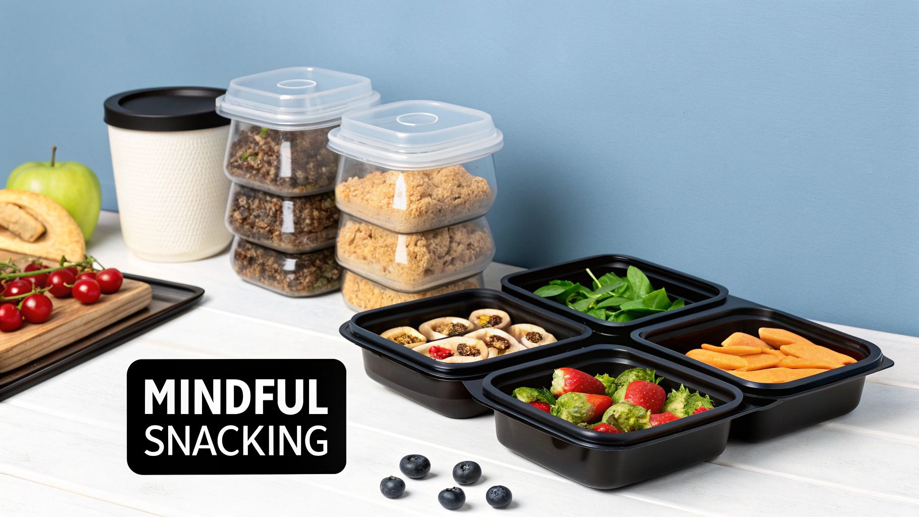 Assortment of prepped healthy snacks including fruits, vegetables, and granola in containers on a white table.