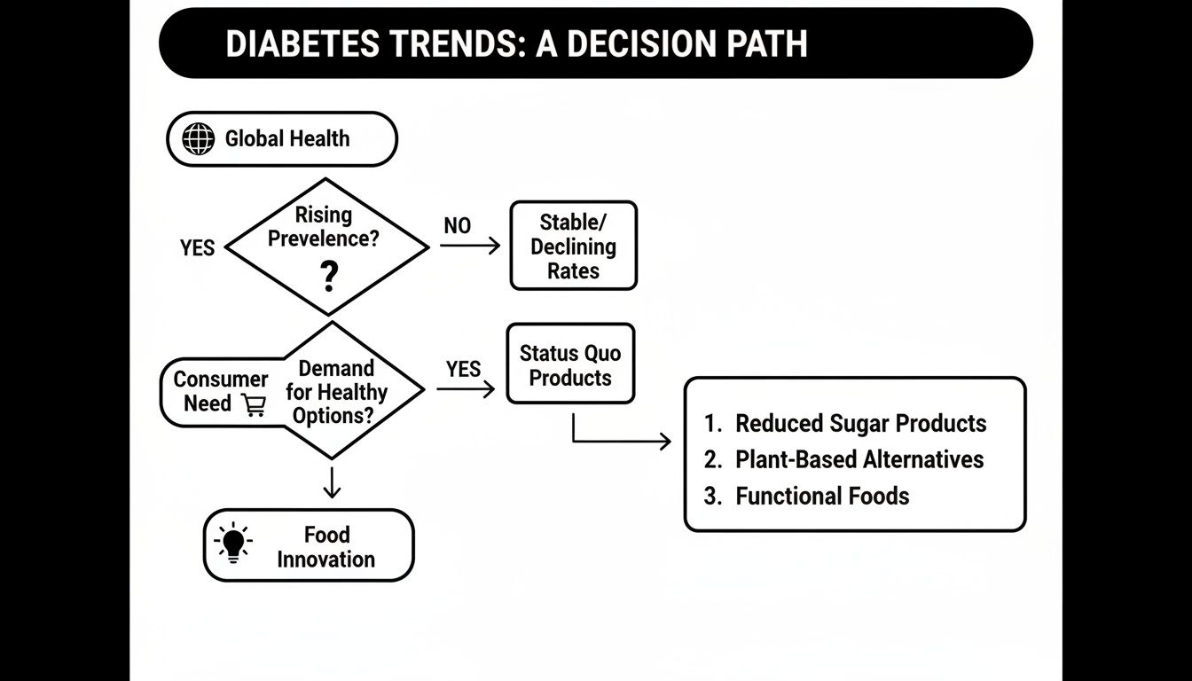 Flowchart showing global diabetes trends, consumer demand for healthy options, and food product innovation.