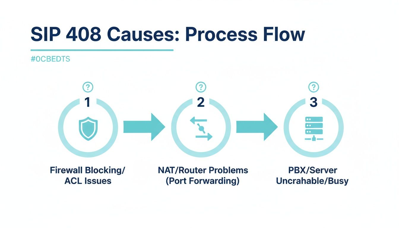 Diagram showing the process flow of SIP 408 error causes, including firewall, router, and server issues.